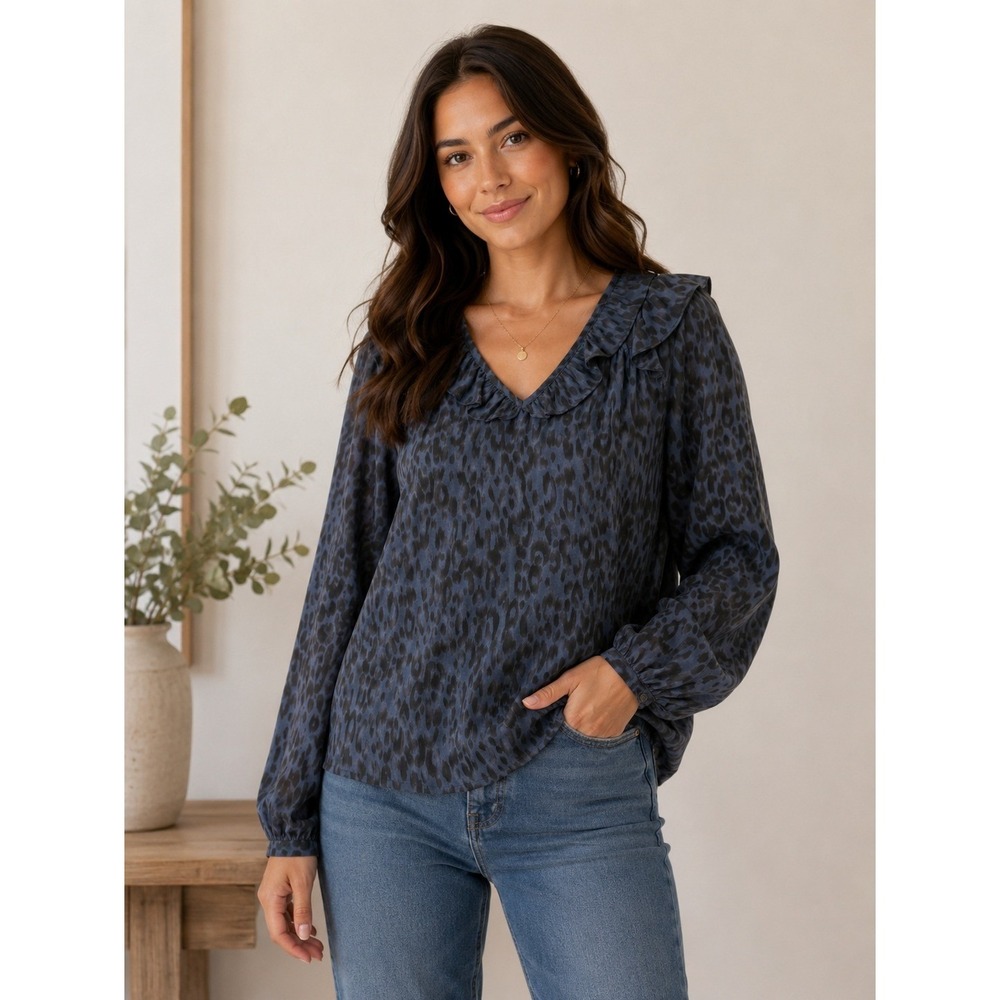 Skies Are Blue Blouse Womens Small Blue Leopard Print Ruffle Long Sleeve V Neck